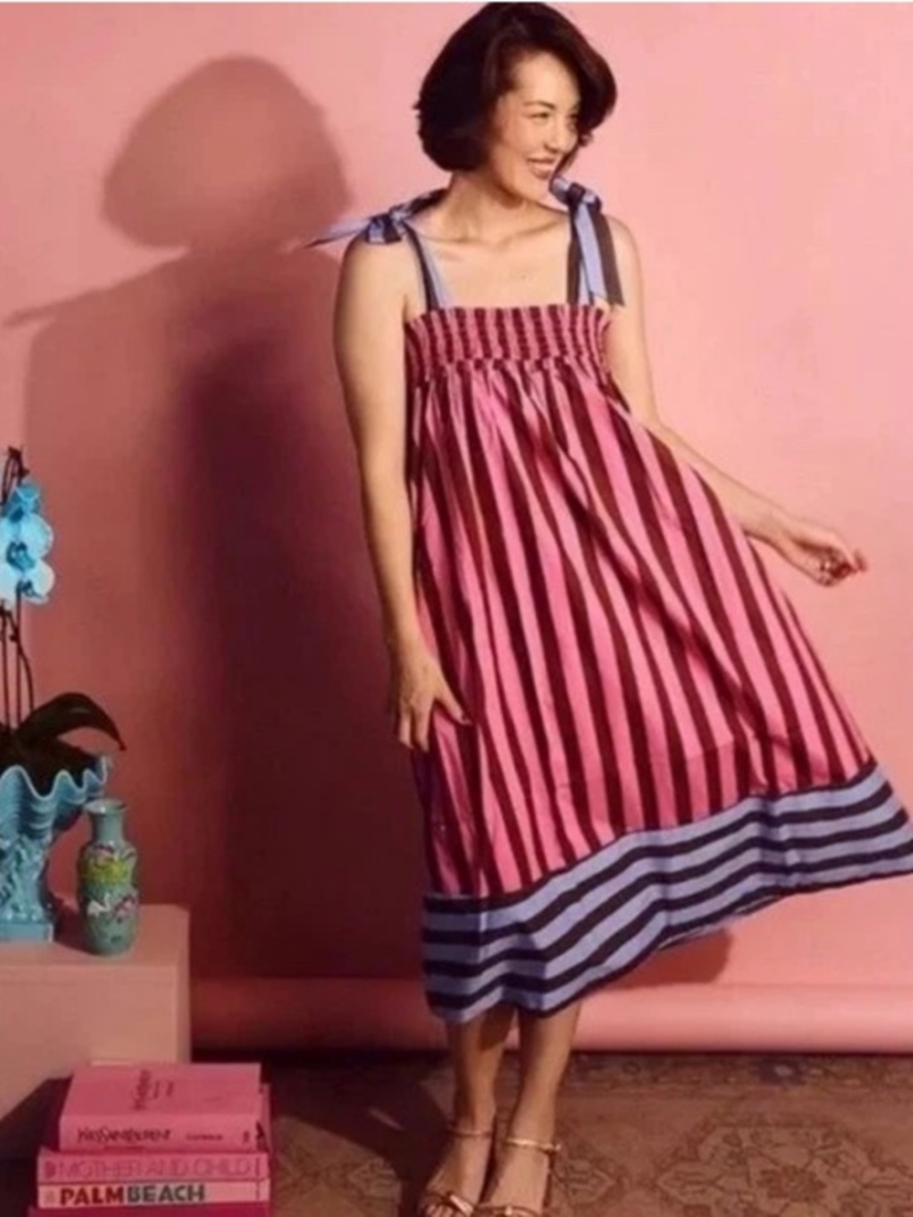 Buru Women's Pink Brown and Blue Striped Sleeveless Tie Shoulder Midi Dress XS/S
